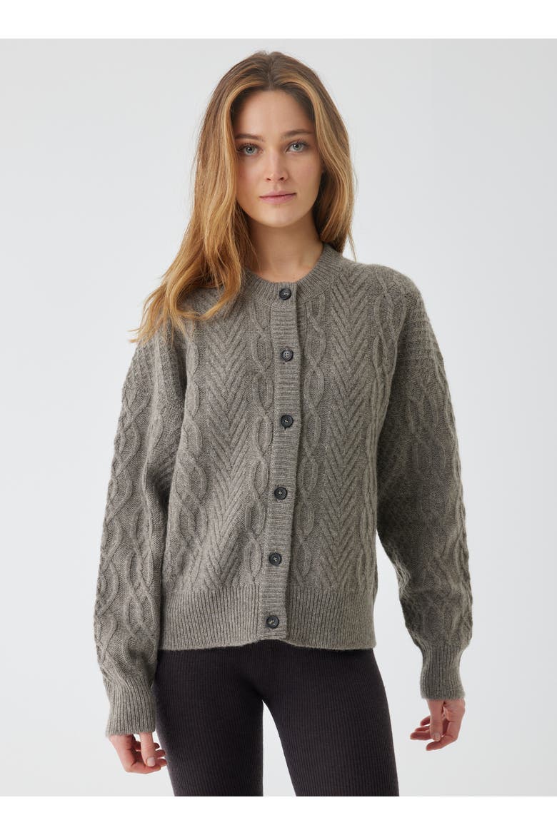 Yak Wool Cable Long Sleeve Crewneck Cardigan, Main, color, SMOKE
