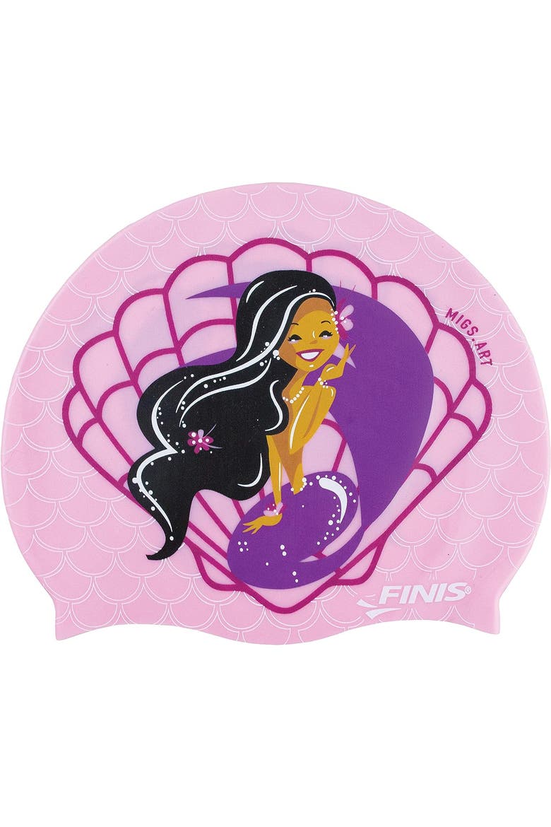 Mermaid Kids Swim Cap 100% Silicone Fun Prints Universal Fit Chlorine Protection, Main, color, Pink