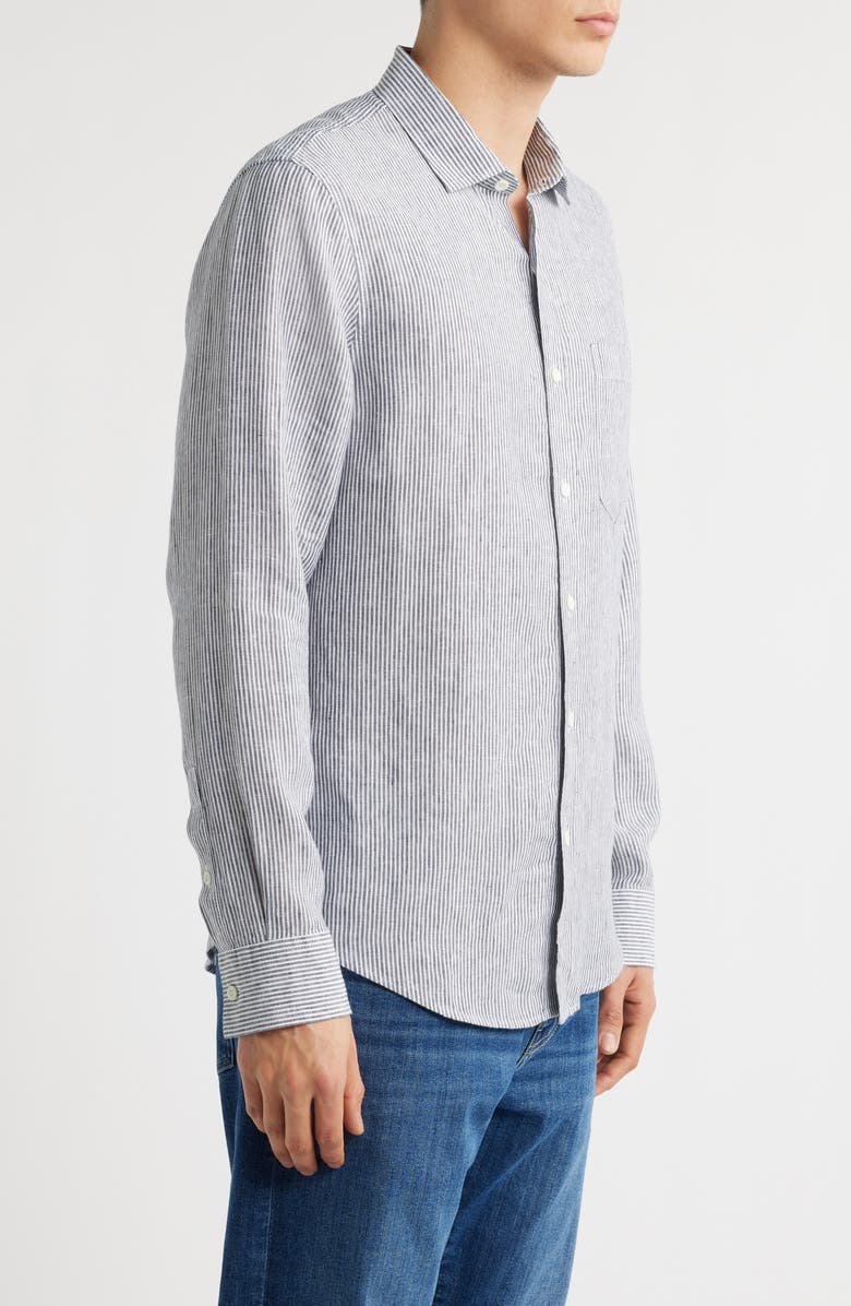 Nordstrom Stripe Long Sleeve Linen Woven Button-Up Shirt, Alternate, color, White- Navy Single Stripe
