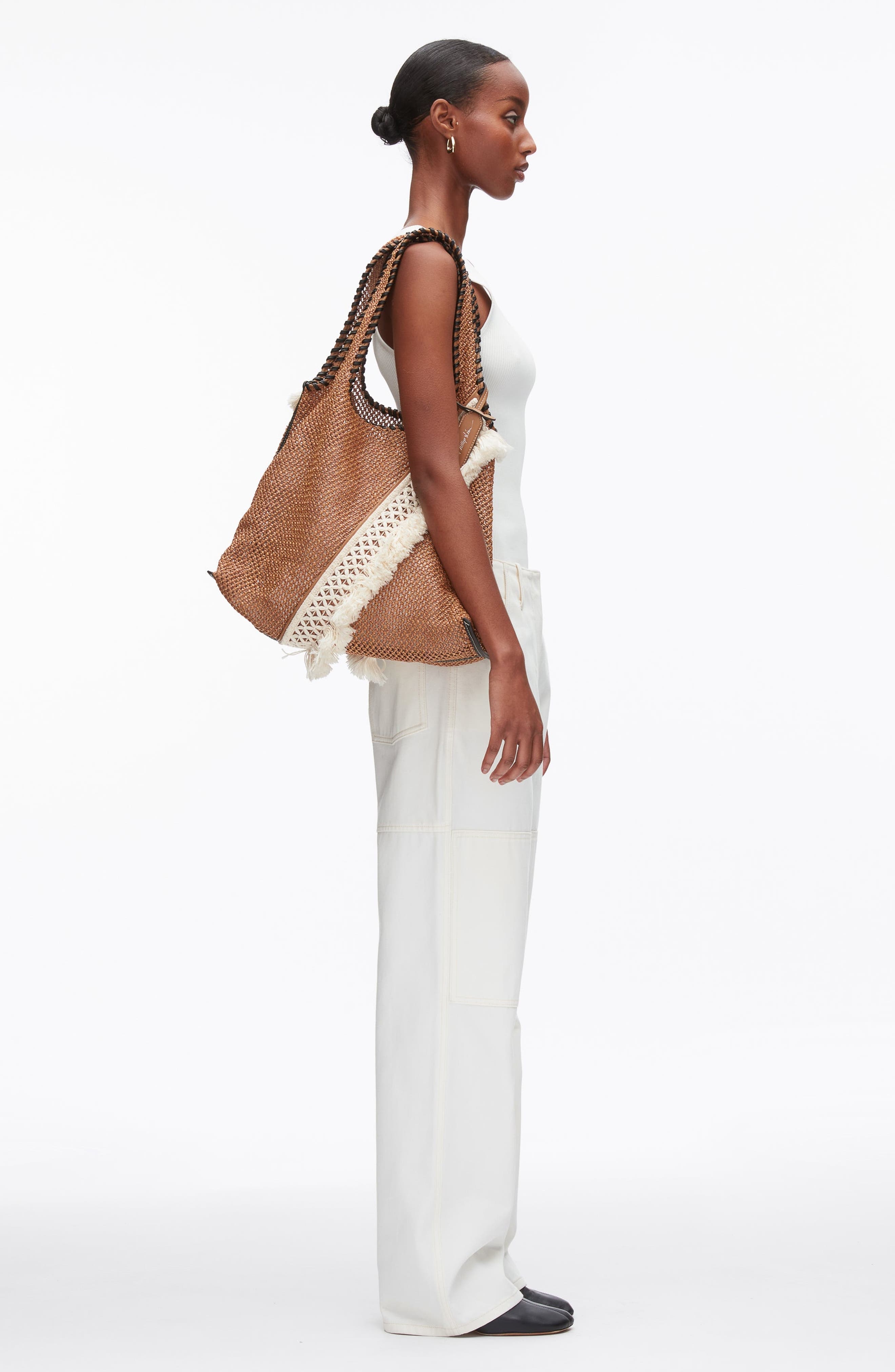 3.1 Phillip Lim Raffia Fringe Market Tote Bag, Alternate, color, Brown