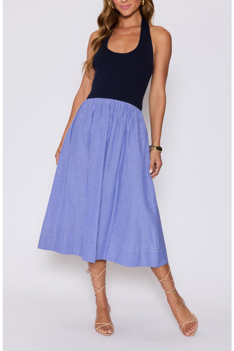 Piper Mixed Media Midi Halter Dress (Nordstrom Exclusive), Main, color, NAVY