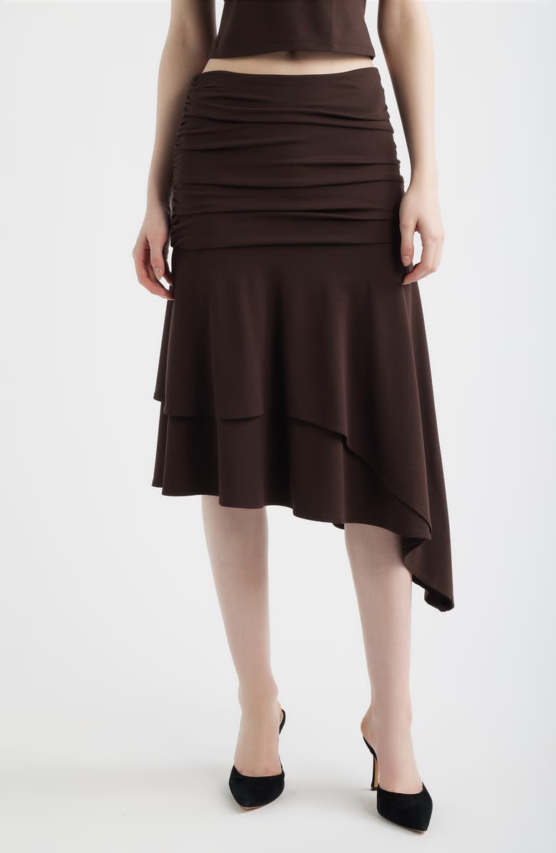 Feners Gresca Ruched Asymmetric Hem Skirt, Main, color, Chocolate