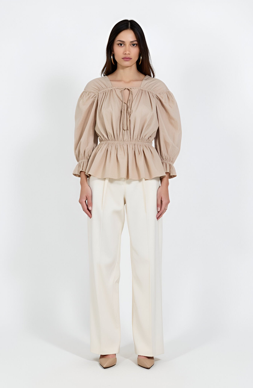 Modenaire Gathered Peplum Tie-front Puff-sleeve Blouse In Nude