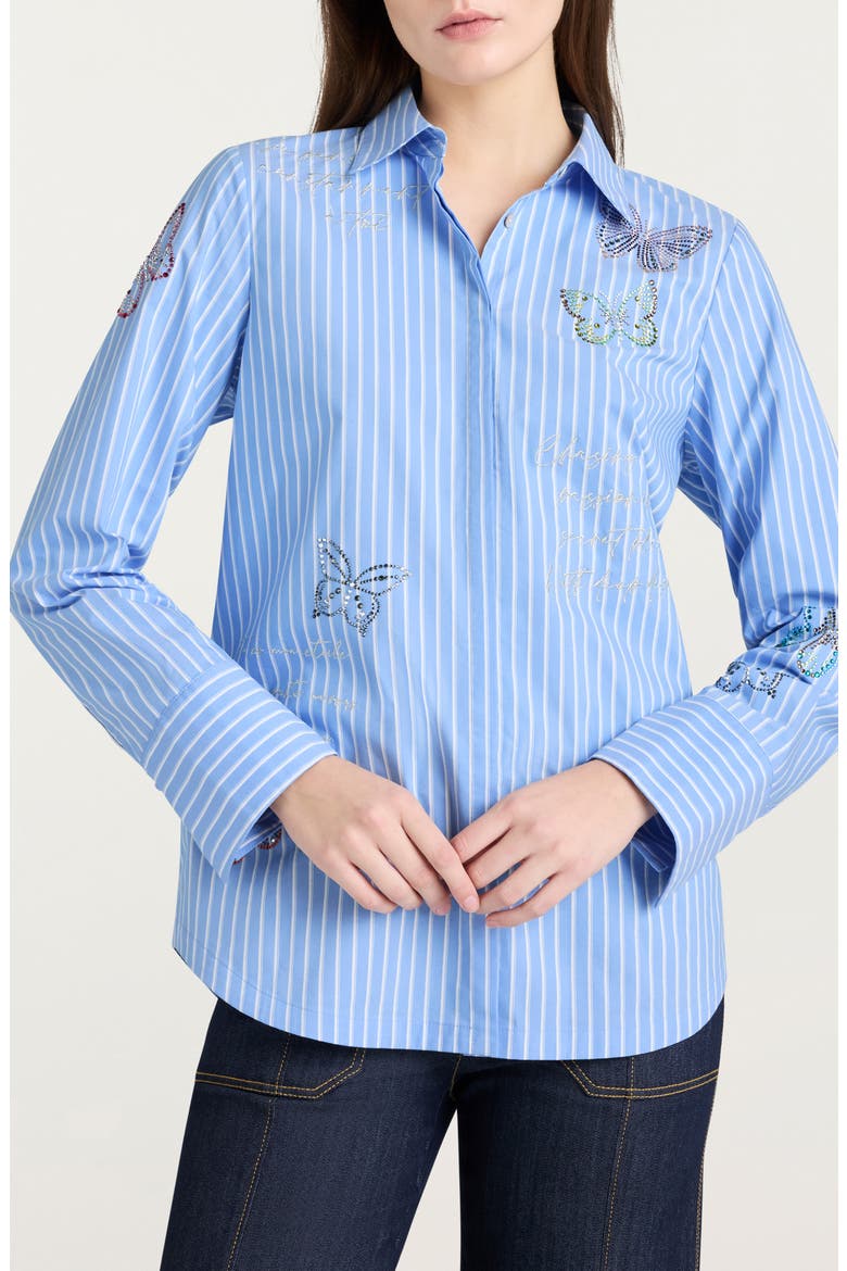 Lisa Beaded Butterfly Stripe Cotton Blend Button-Up Shirt, Main, color, FRENCH BLUE/ WHITE