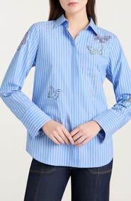Cinq à Sept Lisa Beaded Butterfly Stripe Cotton Blend Button-Up Shirt