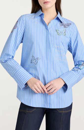 Lisa Beaded Butterfly Stripe Cotton Blend Button-Up Shirt