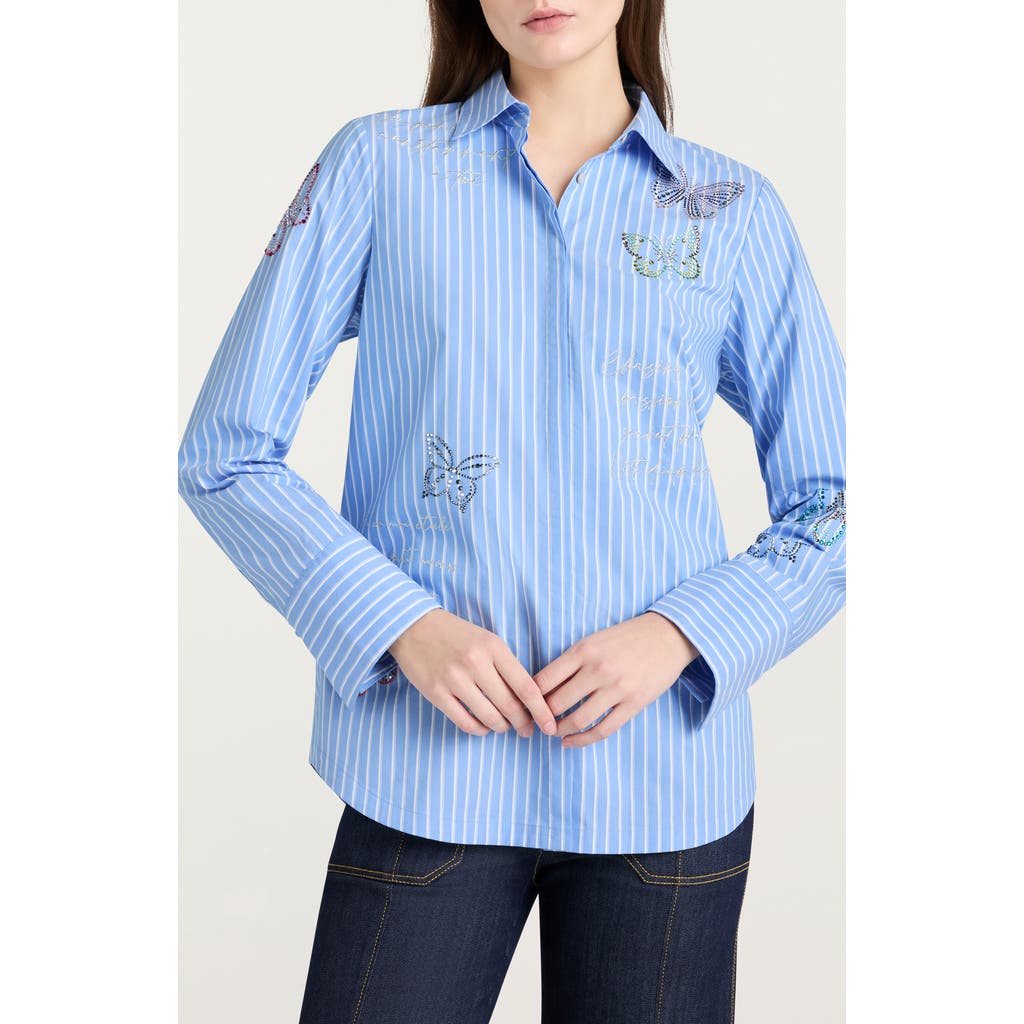 Cinq À Sept Lisa Beaded Butterfly Stripe Cotton Blend Button-up Shirt In Blue