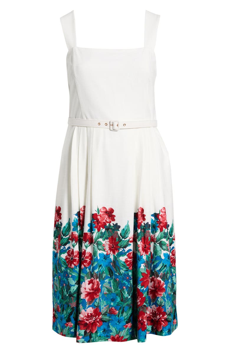 Tahari ASL Belted Border Print Midi Dress, Main, color, Ivory Multi