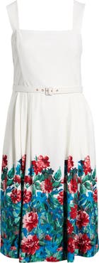 Tahari ASL Belted Border Print Midi Dress