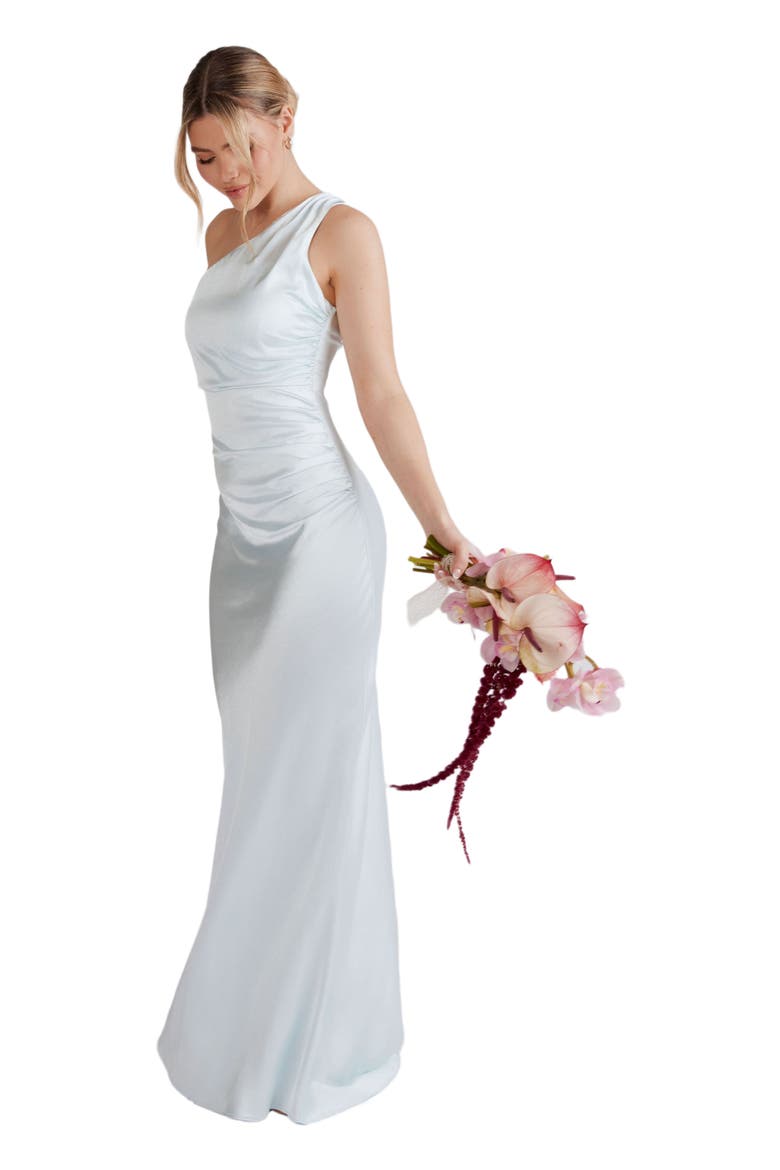 One Shoulder Satin Bridesmaid Dress, Alternate, color, Ice Blue