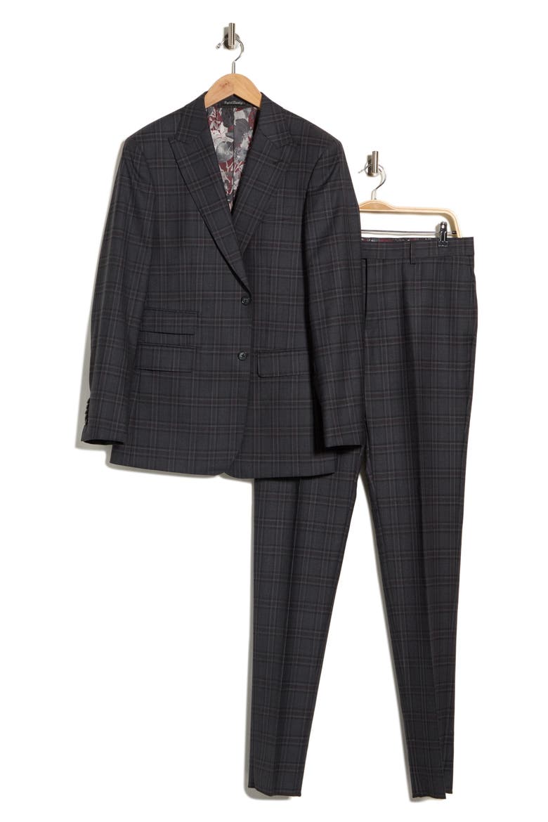Plaid Wool Blend Peak Lapel Suit, Alternate, color, CHARCOAL