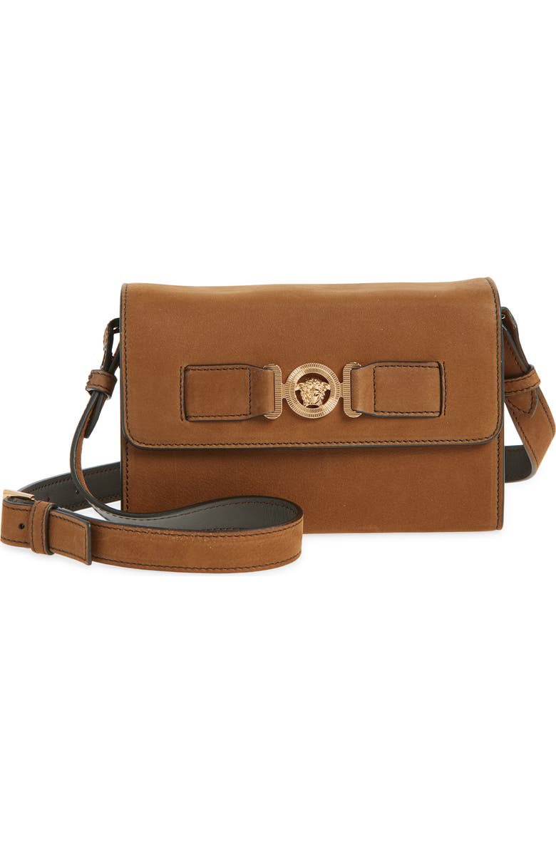 Versace Medusa Leather Crossbody Bag, Main, color, Light Brown-Versace Gold