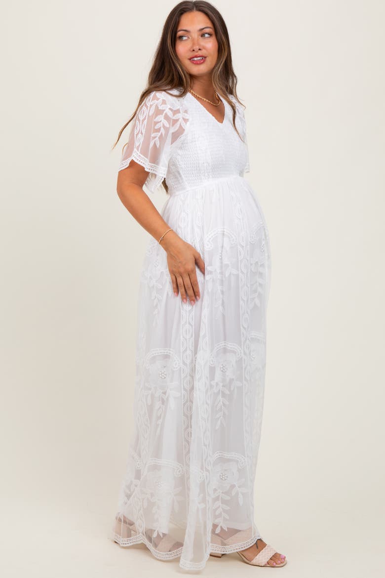 Smocked Top Lace Maxi Dress, Alternate, color, White