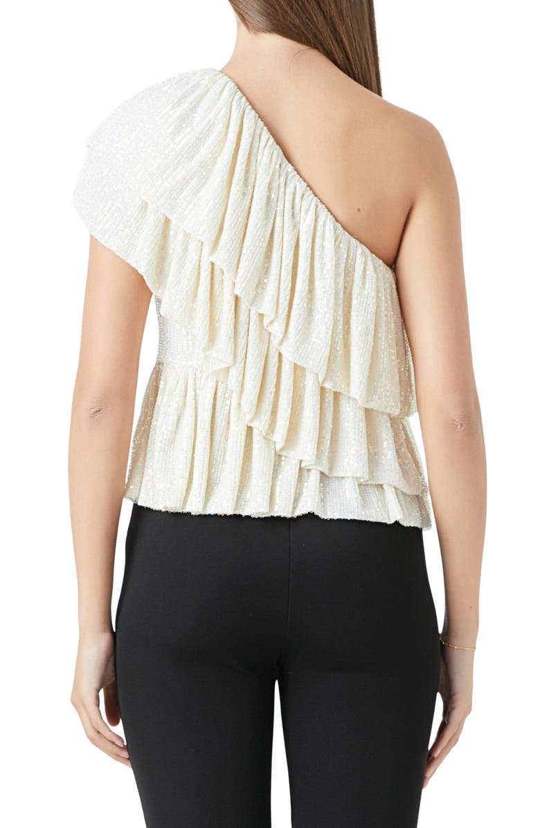 Endless Rose Sequin Ruffle One-Shoulder Peplum Top, Alternate, color, Opal