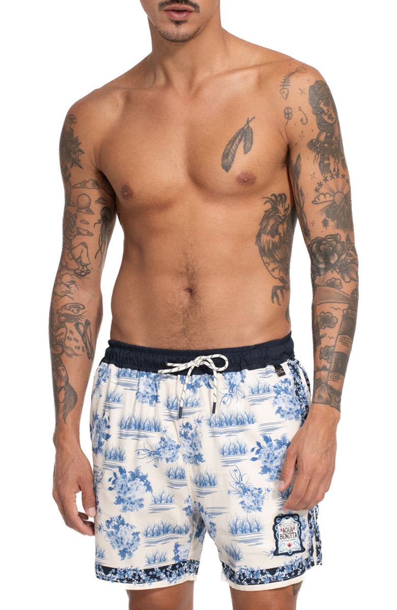 Agua Bendita Joe Ivy Stretch Swim Trunks, Main, color, White Multi