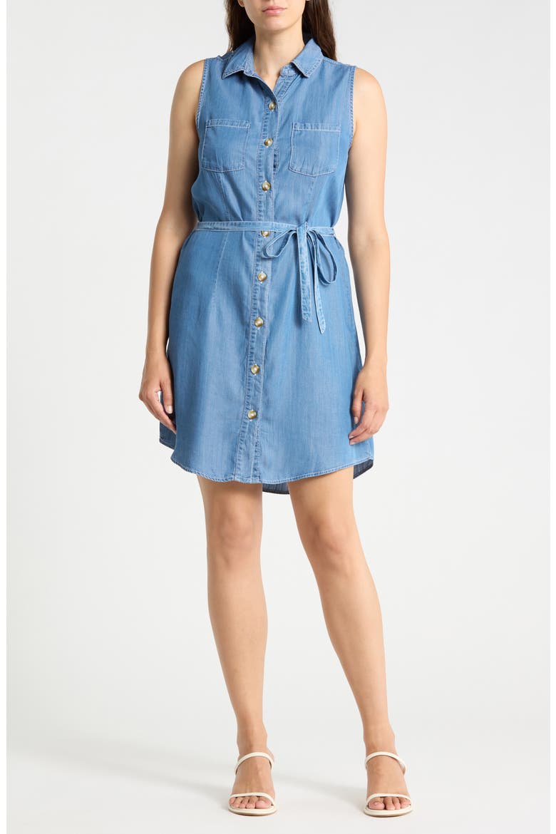 Yuna Sleeveless Denim Shirtdress, Main, color, MEDIUM WASH