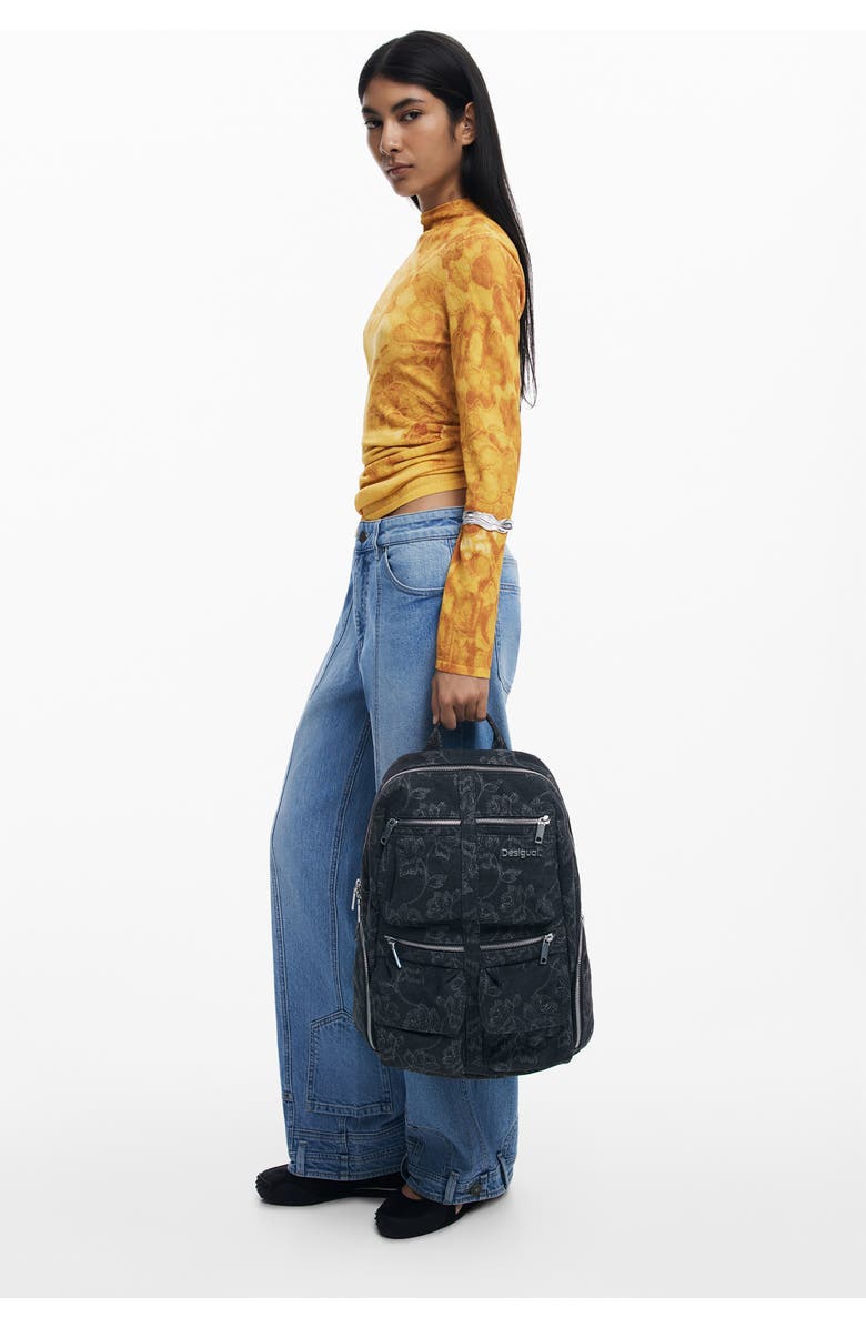 Desigual Large Embroidered Denim Backpack, Alternate, color, Black