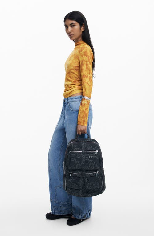 Desigual Large Embroidered Denim Backpack In Orange