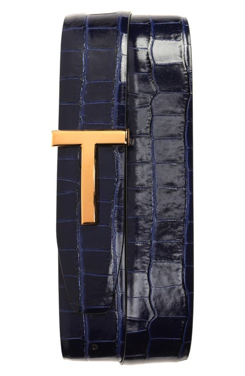 T Icon Reversible Croc Embossed Leather Belt