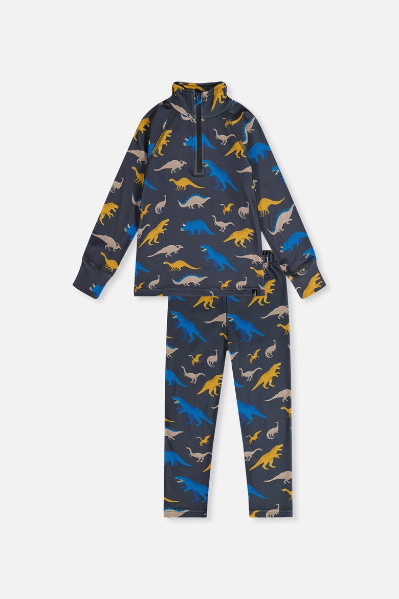 Two Piece Dinosaur Brushed Half-Zip Top & Pants Thermal Underwear, Main, color, Grey and Blue Dinosaur Print