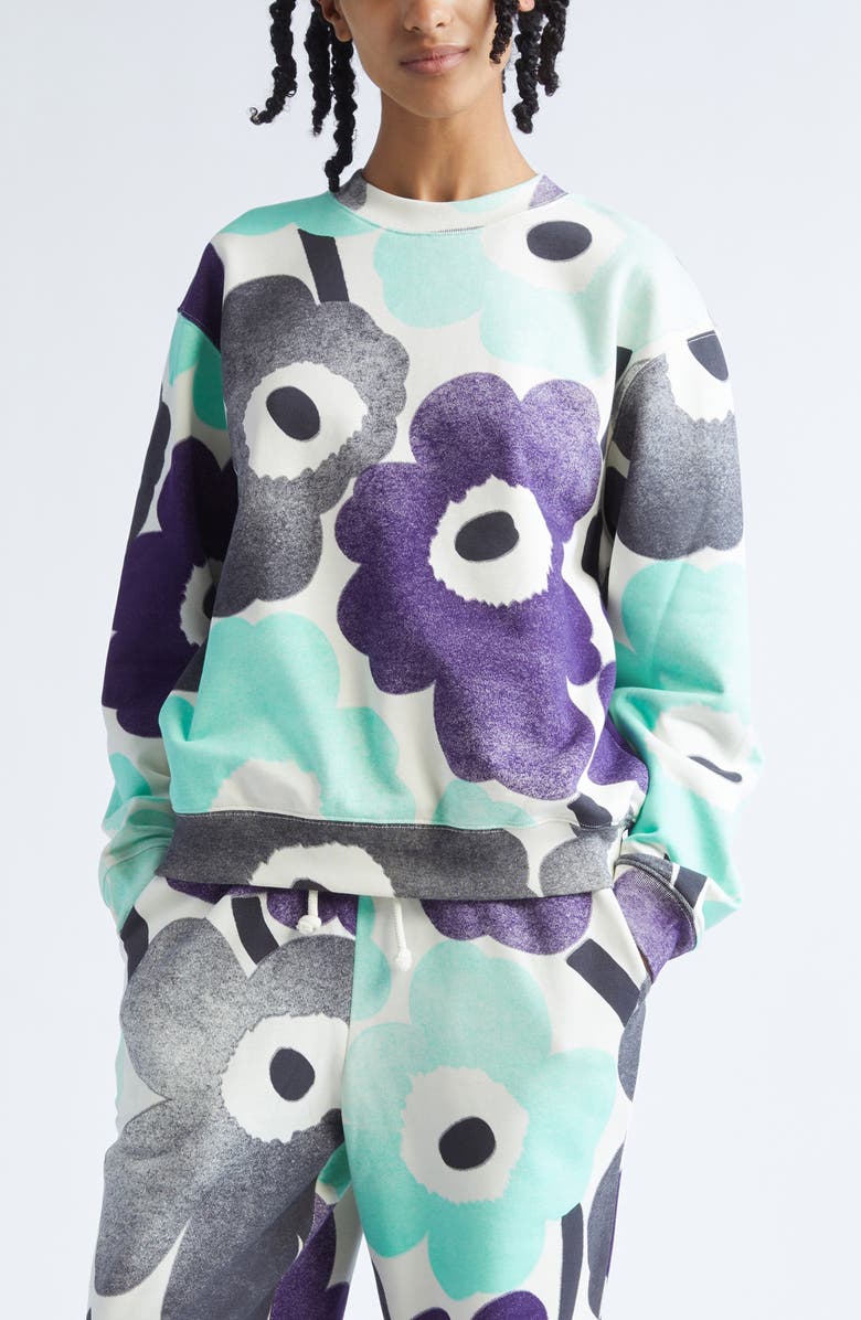 Marimekko Leiot Unikko Floral French Terry Sweatshirt, Main, color, Off White Mint Violet