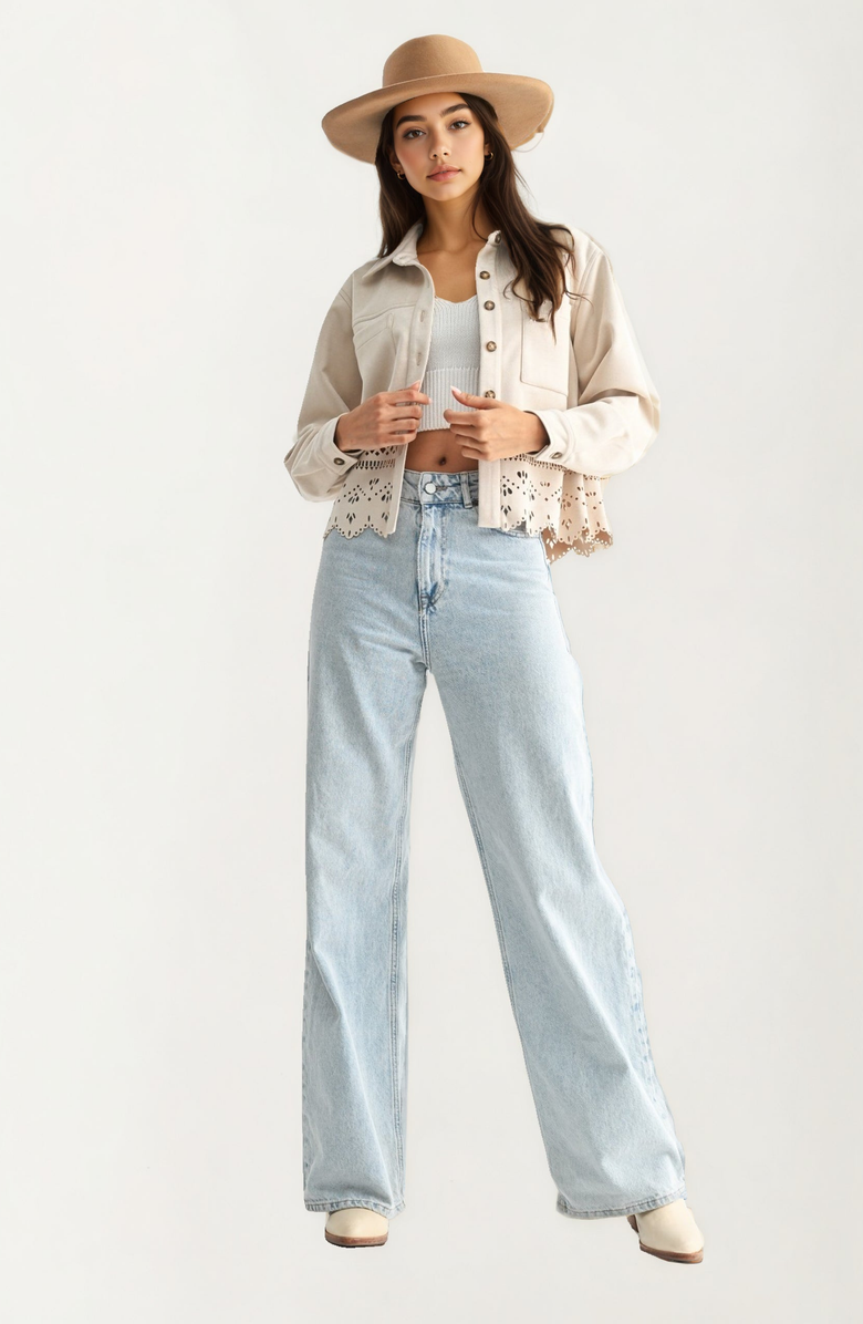 Knit and Lounge Eyelet Cutout Scalloped-Hem Button-Front Jacket, Alternate, color, Ivory