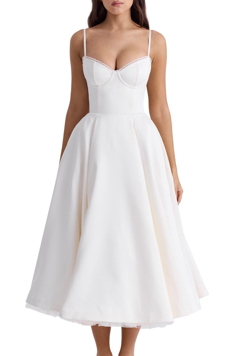 HOUSE OF CB Mademoiselle Bustier Stretch Satin Midi Cocktail Dress, Alternate, color, Ivory