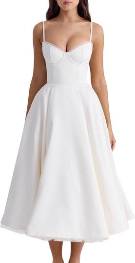 Mademoiselle Bustier Stretch Satin Midi Cocktail Dress
