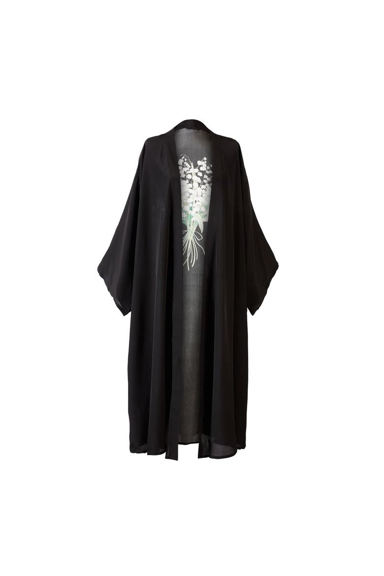 Lily Of The Valley Silk Robe, Alternate, color, Black