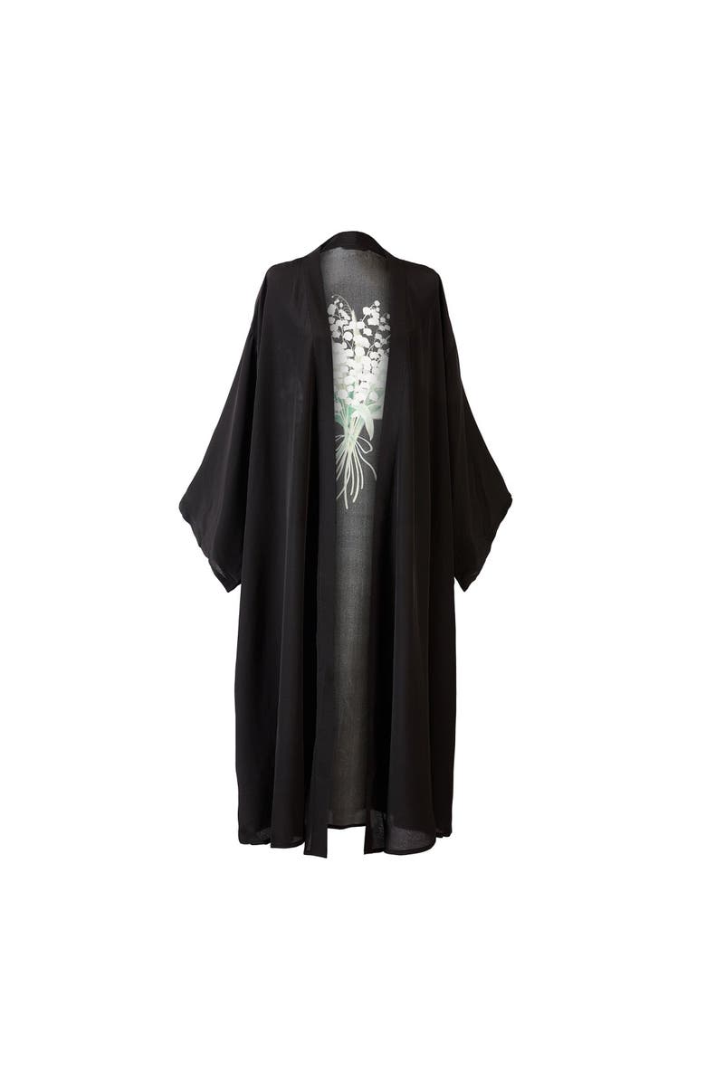 Silk&Soul Lily Of The Valley Silk Robe, Alternate, color, Black