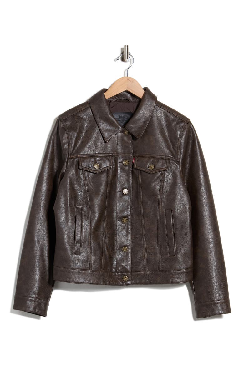 Faux Leather Trucker Jacket, Main, color, BROWN