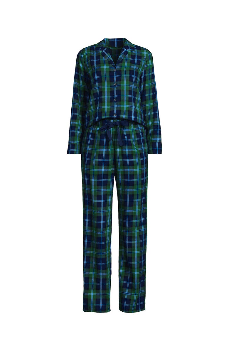 Lands' End Flannel 2 Piece Pajama Set - Long Sleeve Shirt and Pants, Alternate, color, Light Emerald Blackwatch