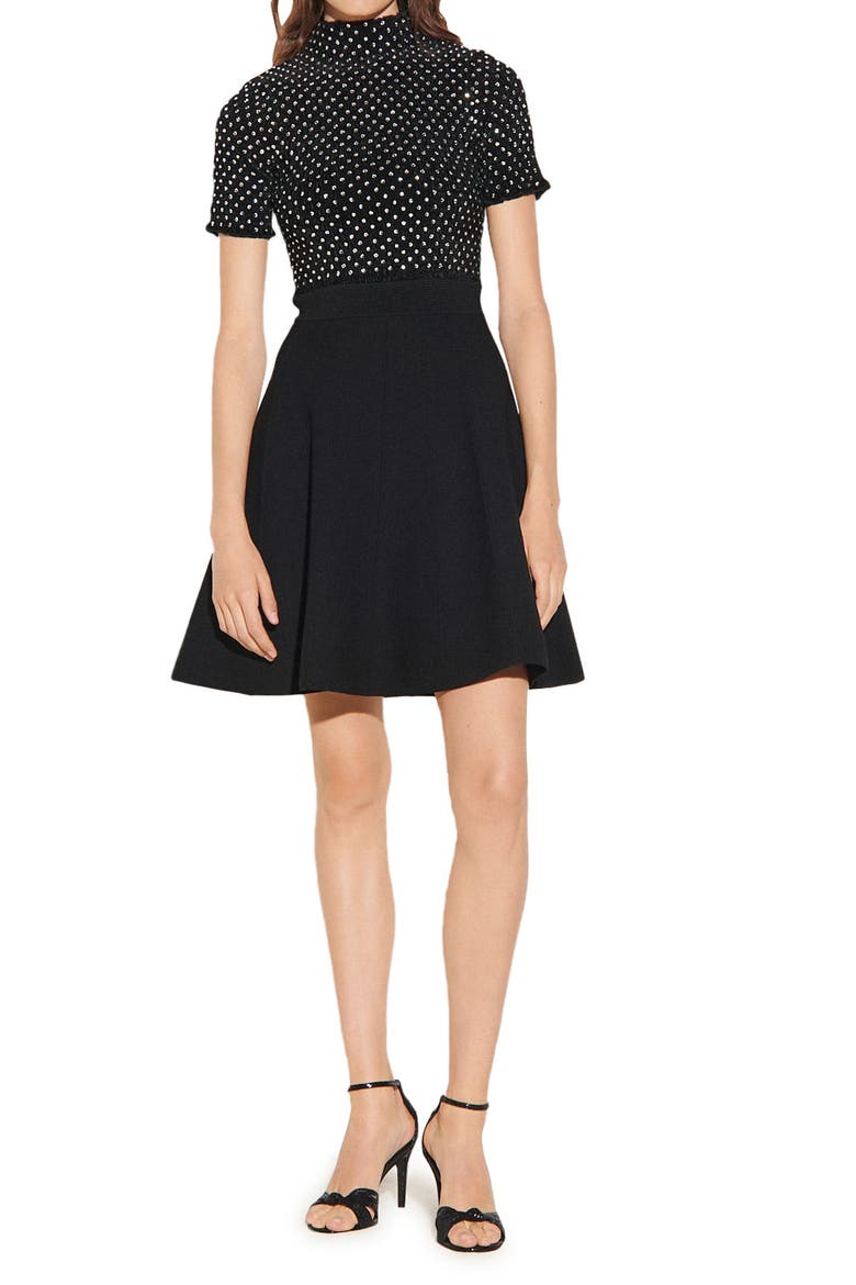 Smocked Velvet Dress With Rhinestones, Main, color, BLACK
