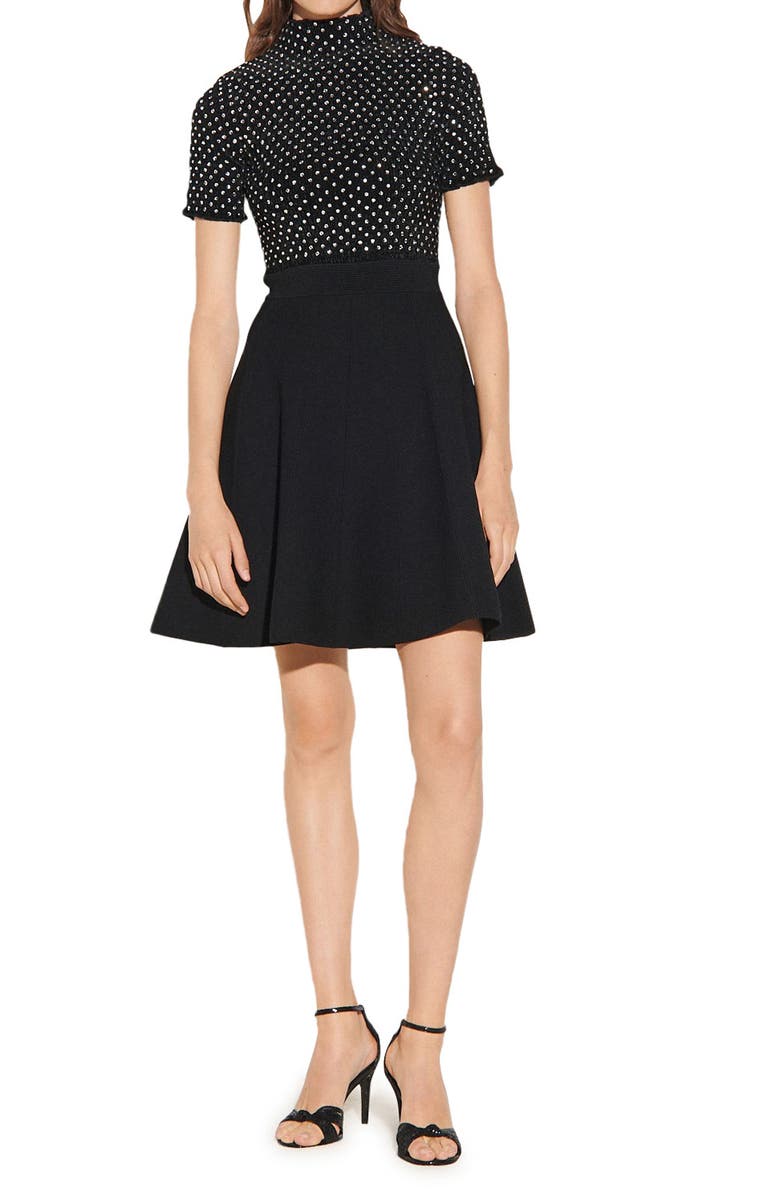 SANDRO Smocked Velvet Dress With Rhinestones, Main, color, 