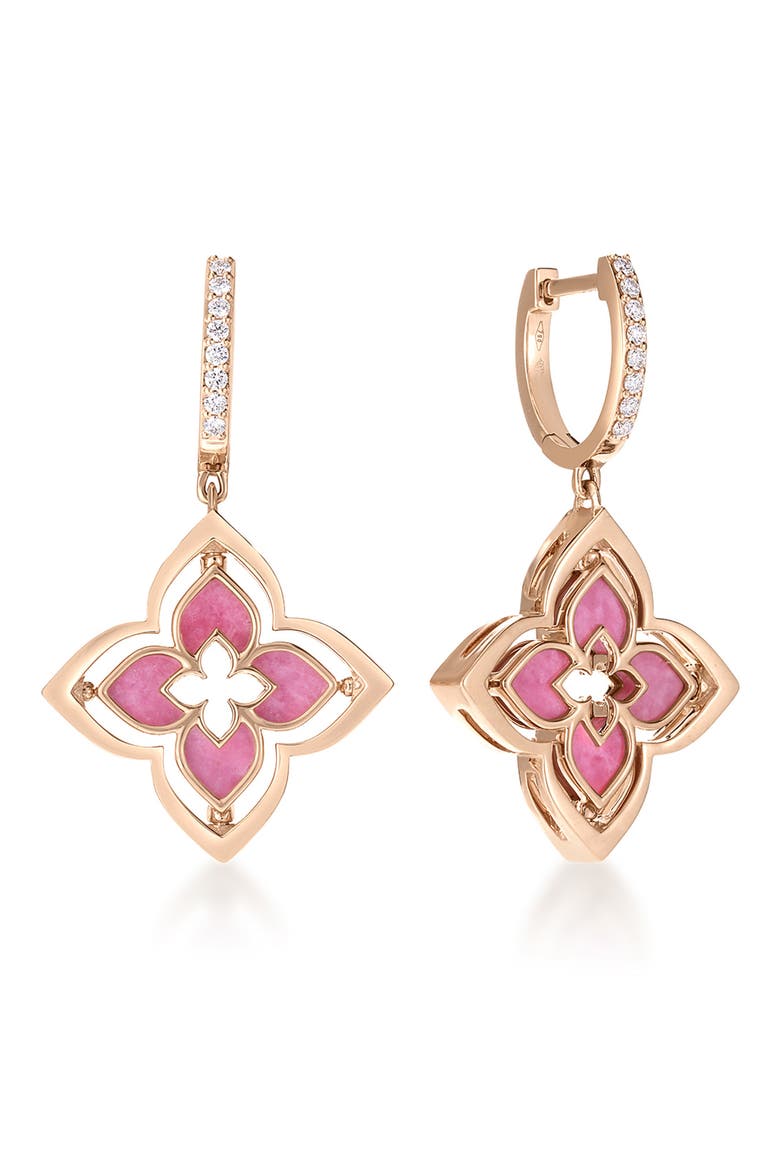 Venetian Princess Pirouette Diamond Pave Flower Drop Earrings, Main, color, ROSE