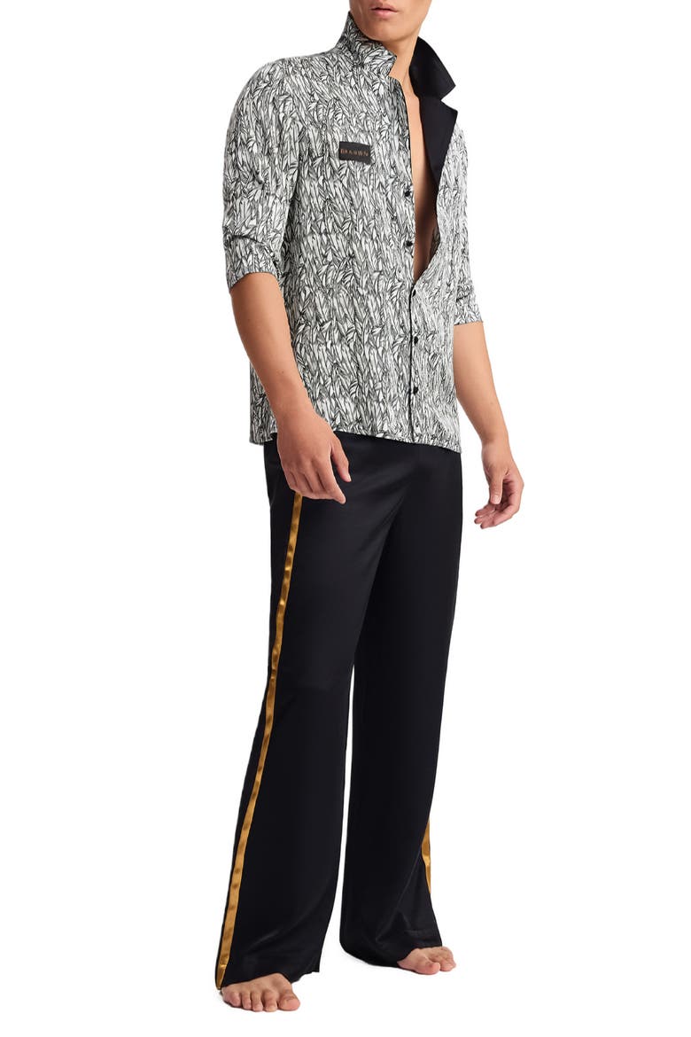 Feathers Black and White  Unisex Long Pajama Set, Alternate, color, Black & White