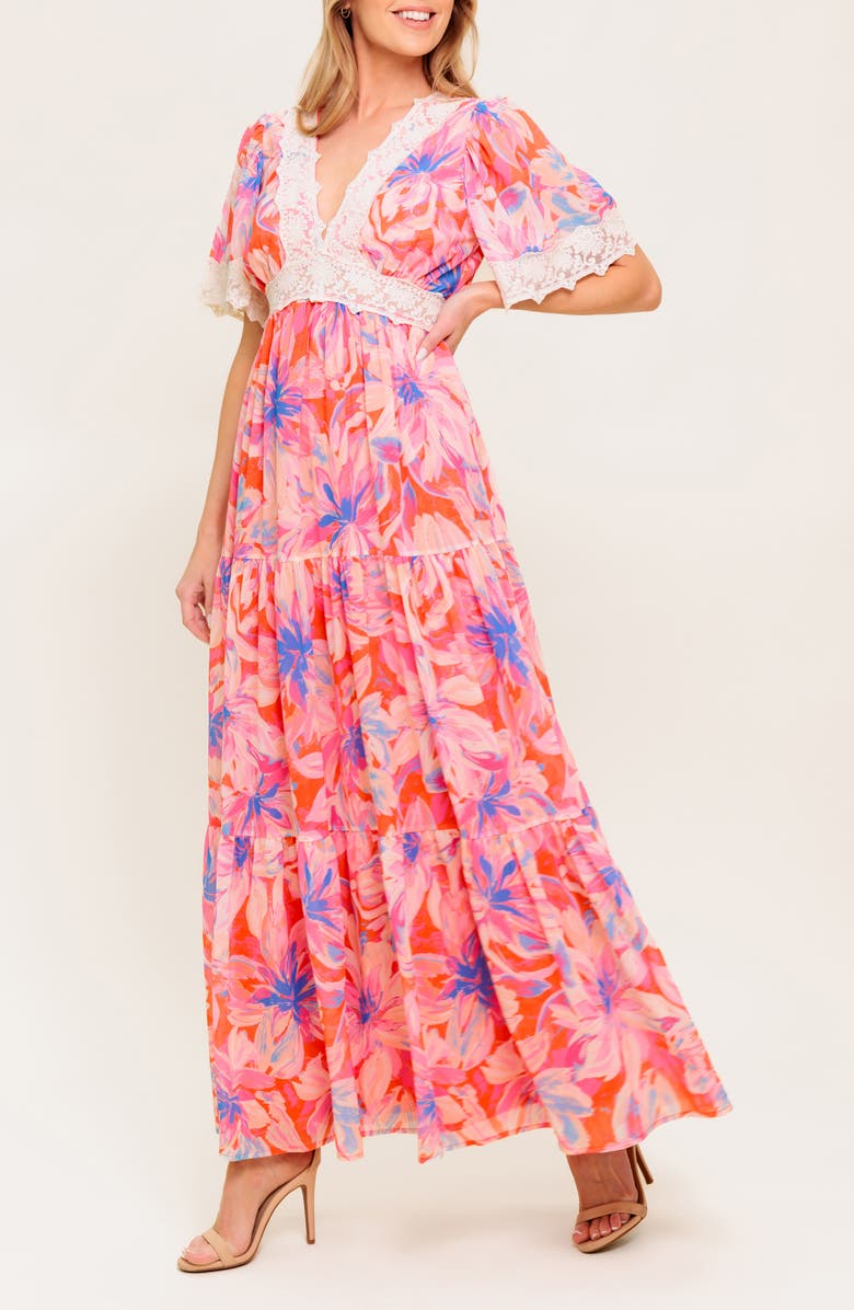 FLYING TOMATO Floral Lace V-Neck Maxi Dress, Alternate, color, Coral Blue