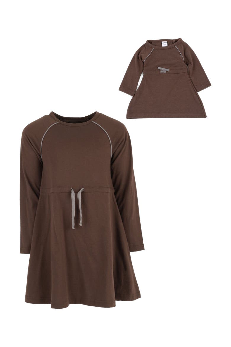 Girls Bow Tie Dress with Matching Doll Dress, Main, color, BROWN