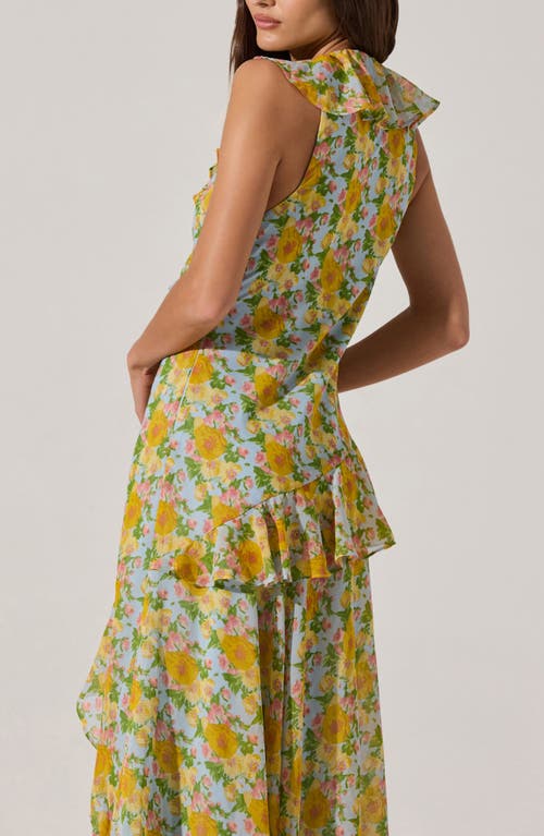 Astr The Label Ruffle Sleeveless High-low Midi Dress In Blue Multi Floral