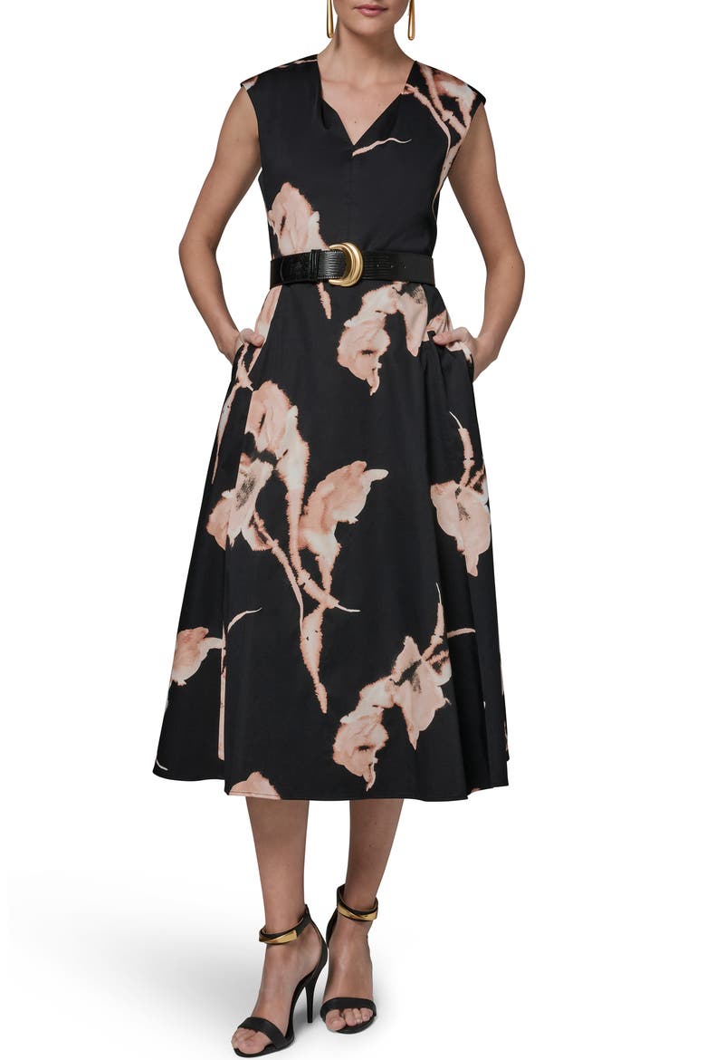 Abstract Floral Sleeveless Stretch Cotton Midi Dress, Main, color, BLACK MULTI