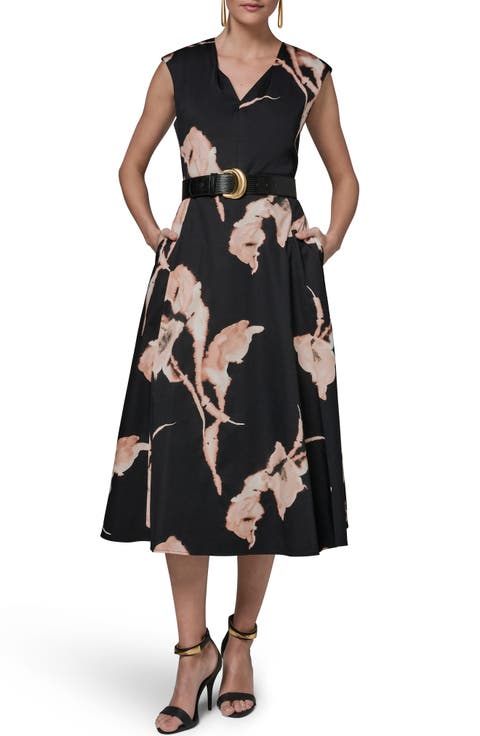 Abstract Floral Sleeveless Stretch Cotton Midi Dress