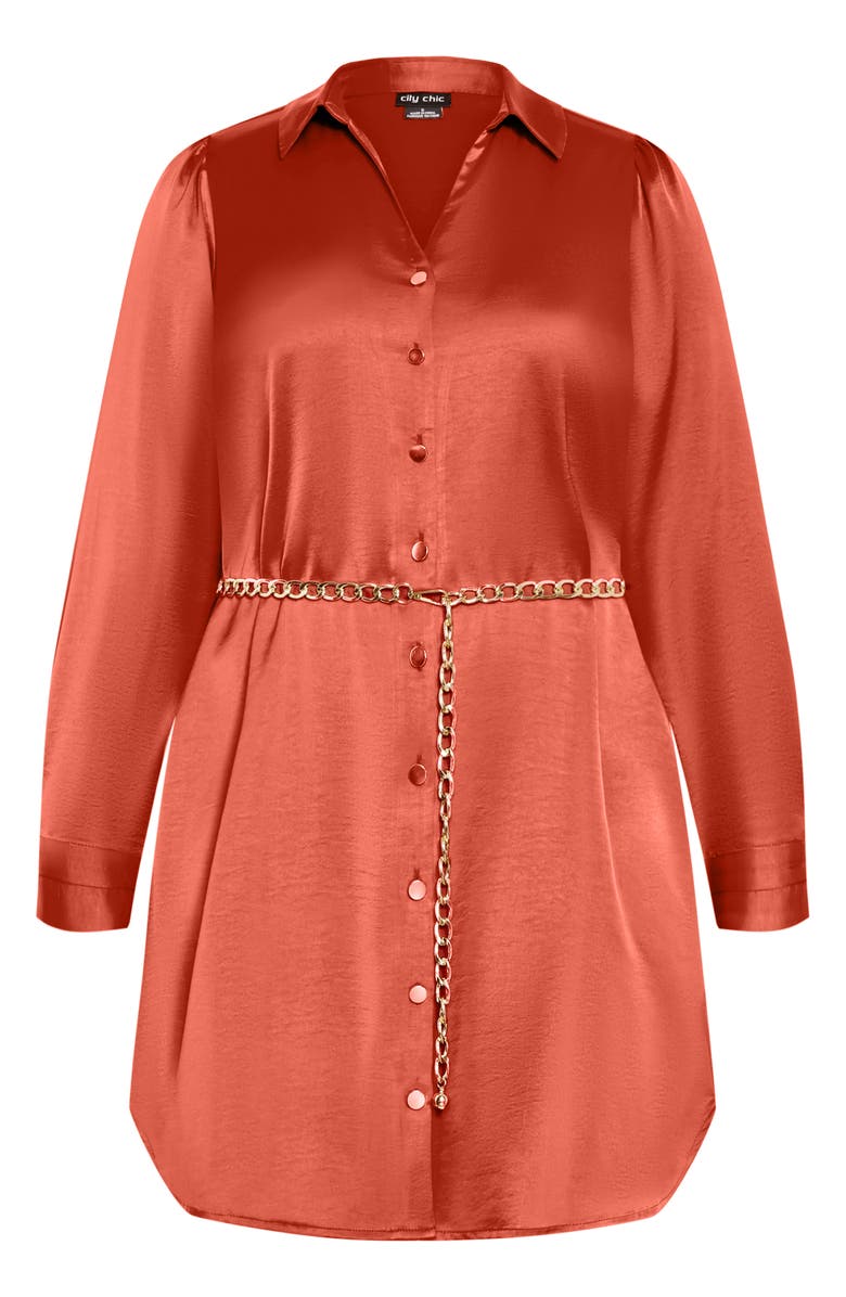 City Chic Faye Belted Long Sleeve Satin Shirtdress, Alternate, color, Toffee