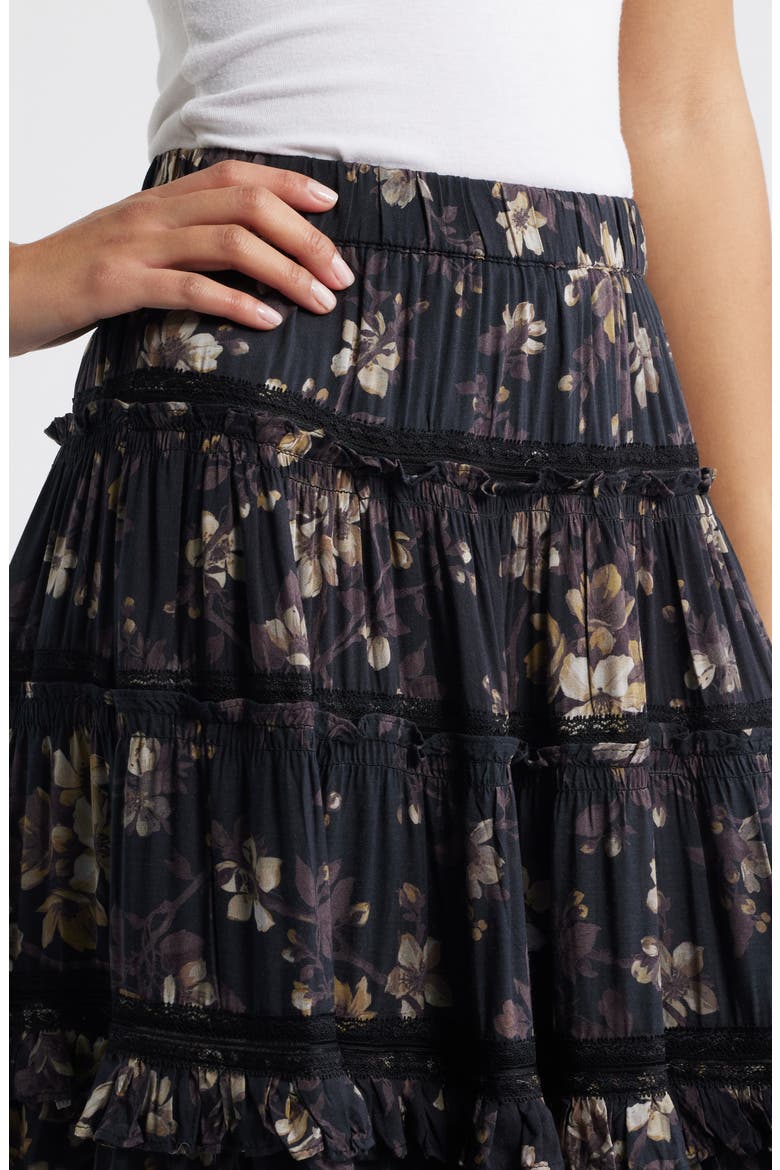 Talia Floral Print Ruffle Lace Maxi Skirt, Alternate, color, VINE BLACK