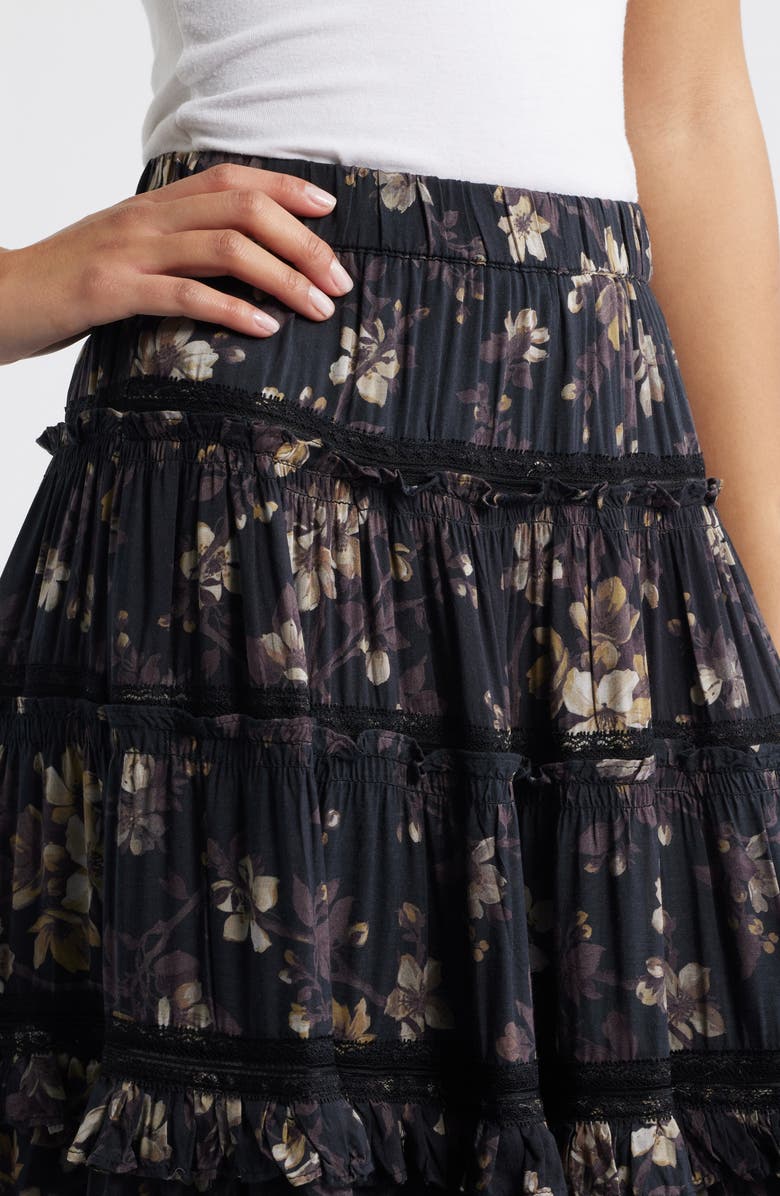 AllSaints Talia Floral Print Ruffle Lace Maxi Skirt, Alternate, color, Vine Black
