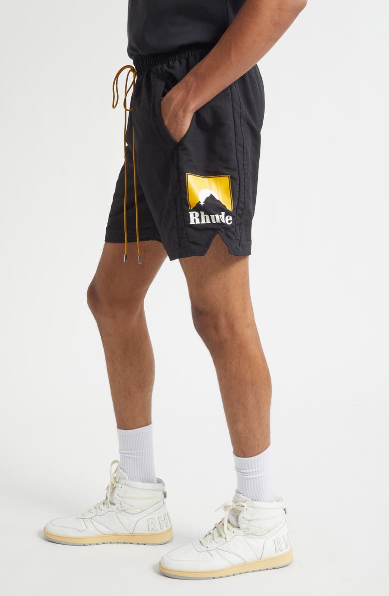 Rhude Moonlight Logo Nylon Drawstring Shorts, Alternate, color, Black / Yellow / White