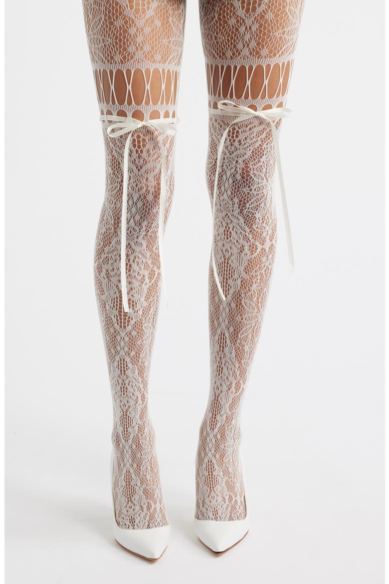 Chevonne Satin Ribbon Lace Fishnet Tights, Alternate, color, IVORY