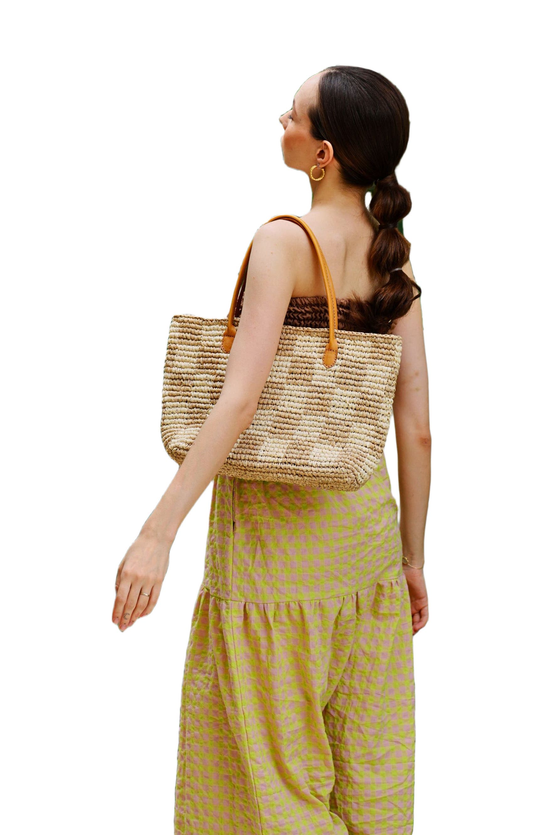 PINK HALEY Lindsey Checker Raffia Tote, Alternate, color, Brown