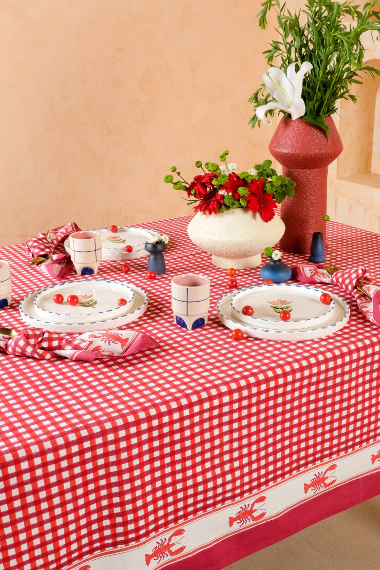 Lobster Red Gingham Blockprint Tablecloth, Alternate, color, 70x120