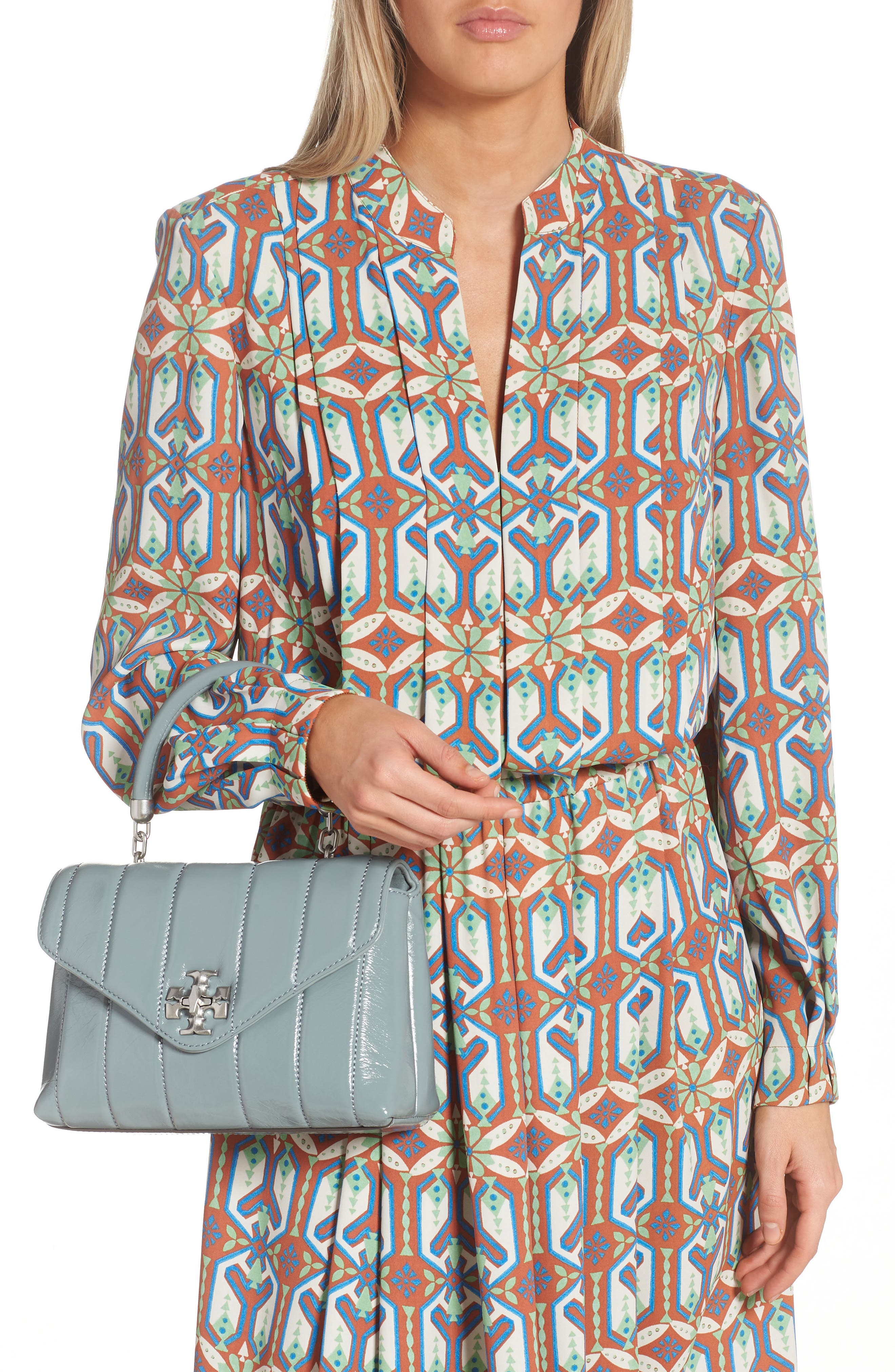 Tory Burch Kira Small Quilted Patent Leather Satchel, Alternate, color, Light Arctic