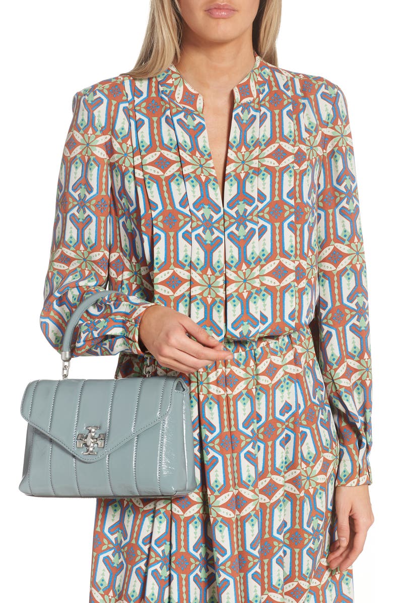 Tory Burch Kira Small Quilted Patent Leather Satchel, Alternate, color, Light Arctic